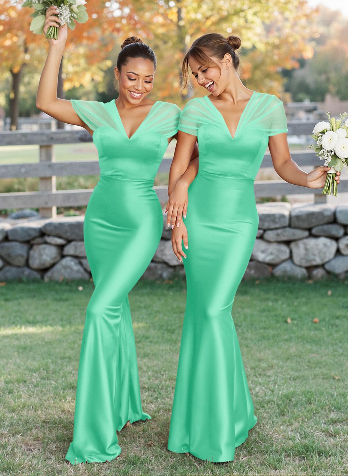 Elegant V-Neck Floor-Length Mermaid Satin/Tulle Bridesmaid Dresses, product image 160