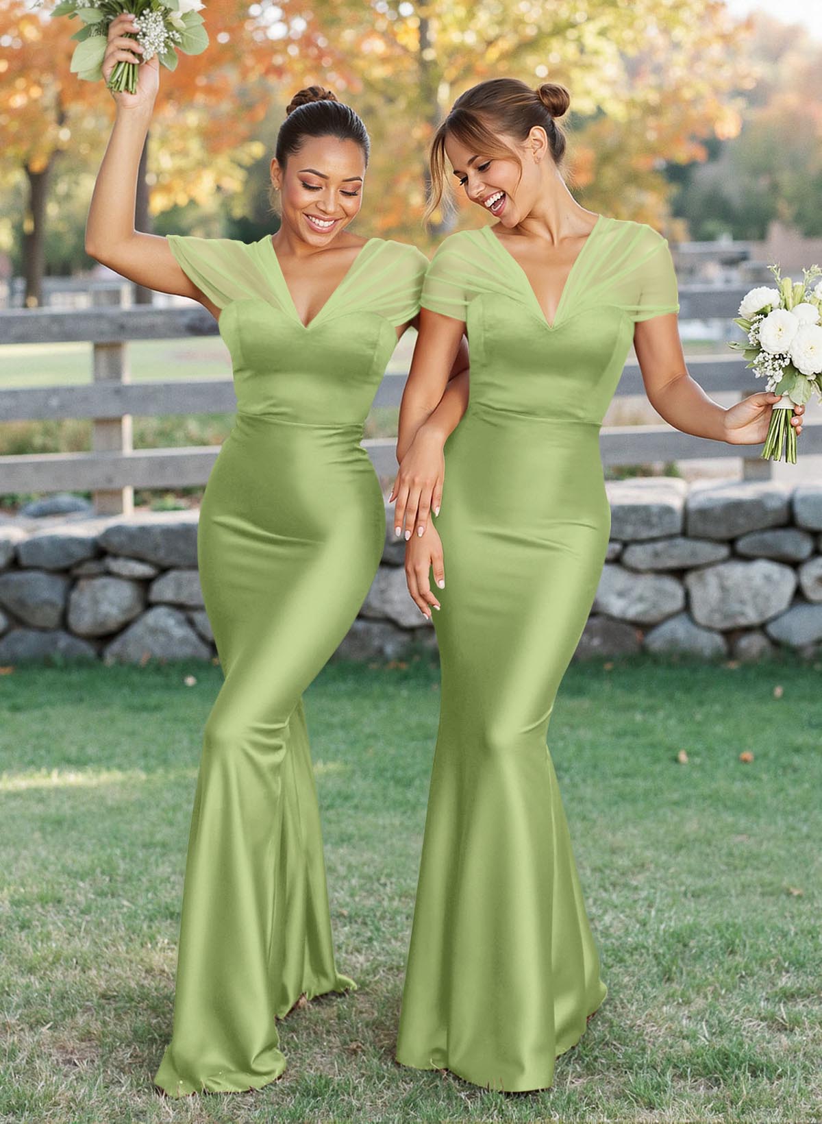 Elegant V-Neck Floor-Length Mermaid Satin/Tulle Bridesmaid Dresses, product image 118