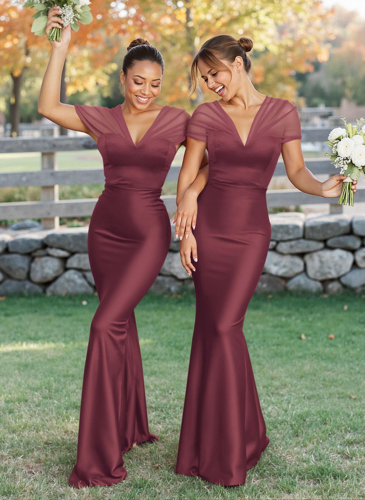 Elegant V-Neck Floor-Length Mermaid Satin/Tulle Bridesmaid Dresses, product image 139