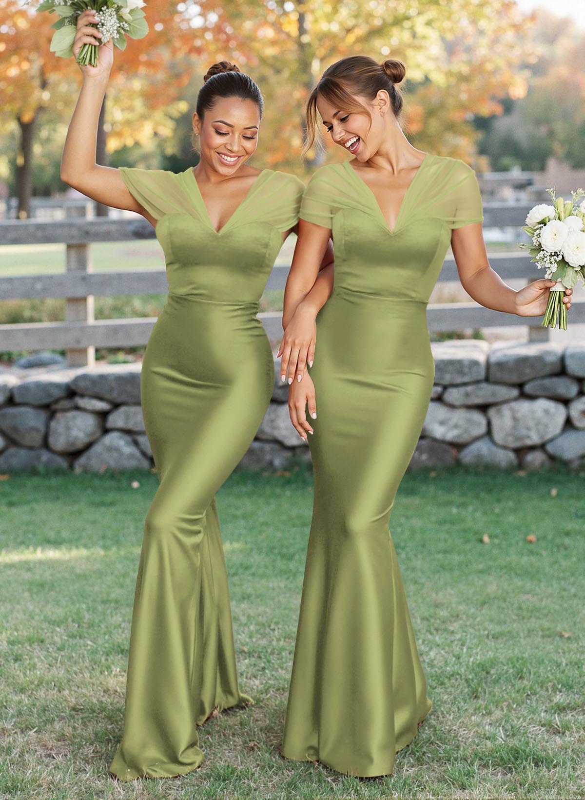 Elegant V-Neck Floor-Length Mermaid Satin/Tulle Bridesmaid Dresses, product image 151