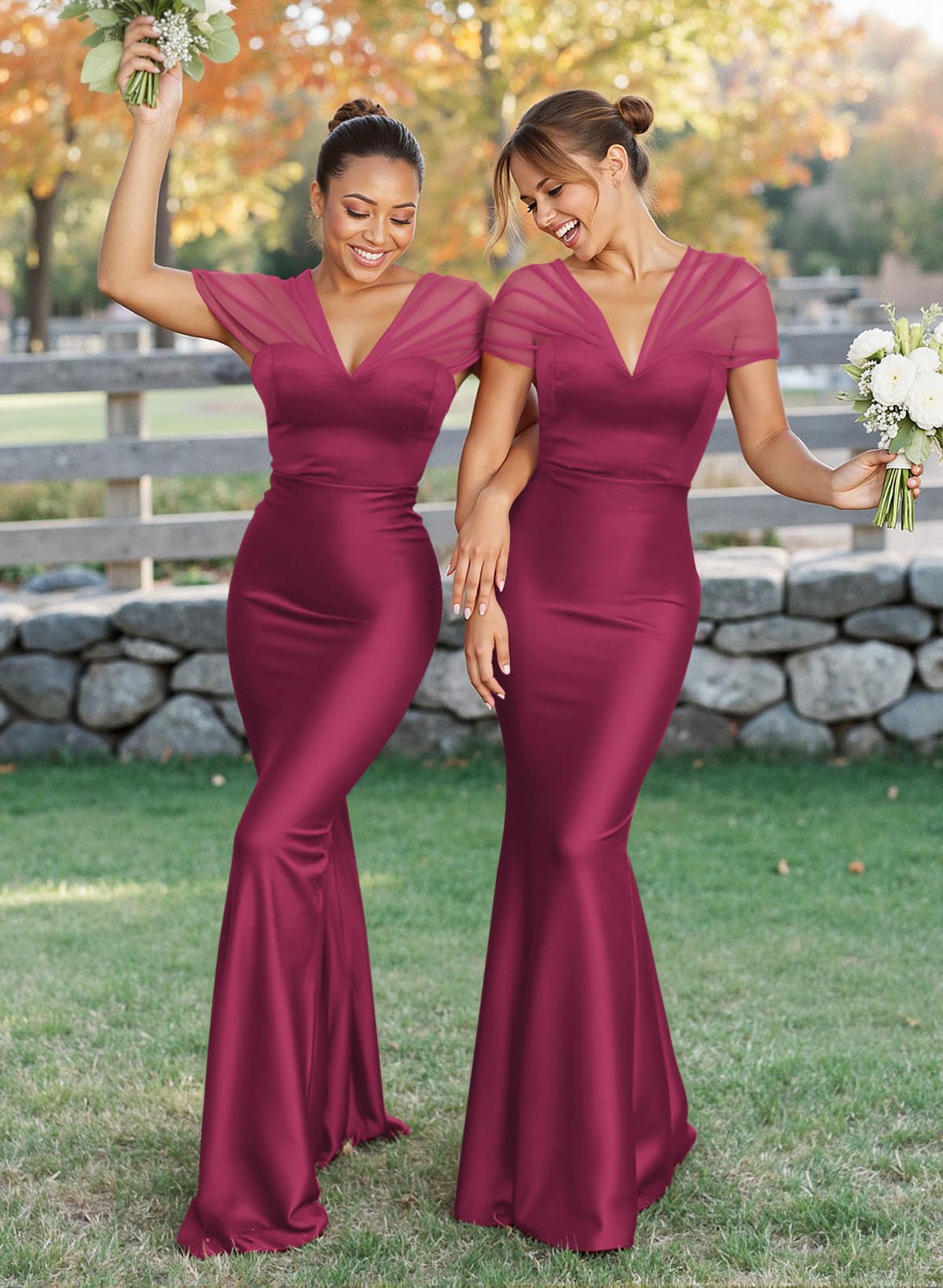 Elegant V-Neck Floor-Length Mermaid Satin/Tulle Bridesmaid Dresses, product image 166