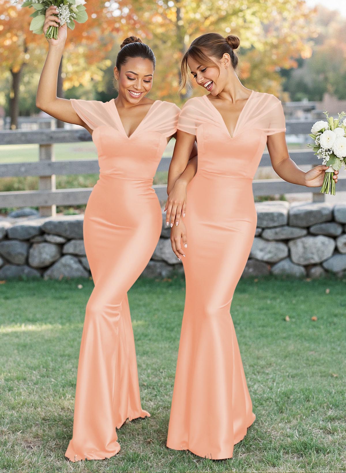 Elegant V-Neck Floor-Length Mermaid Satin/Tulle Bridesmaid Dresses, product image 82