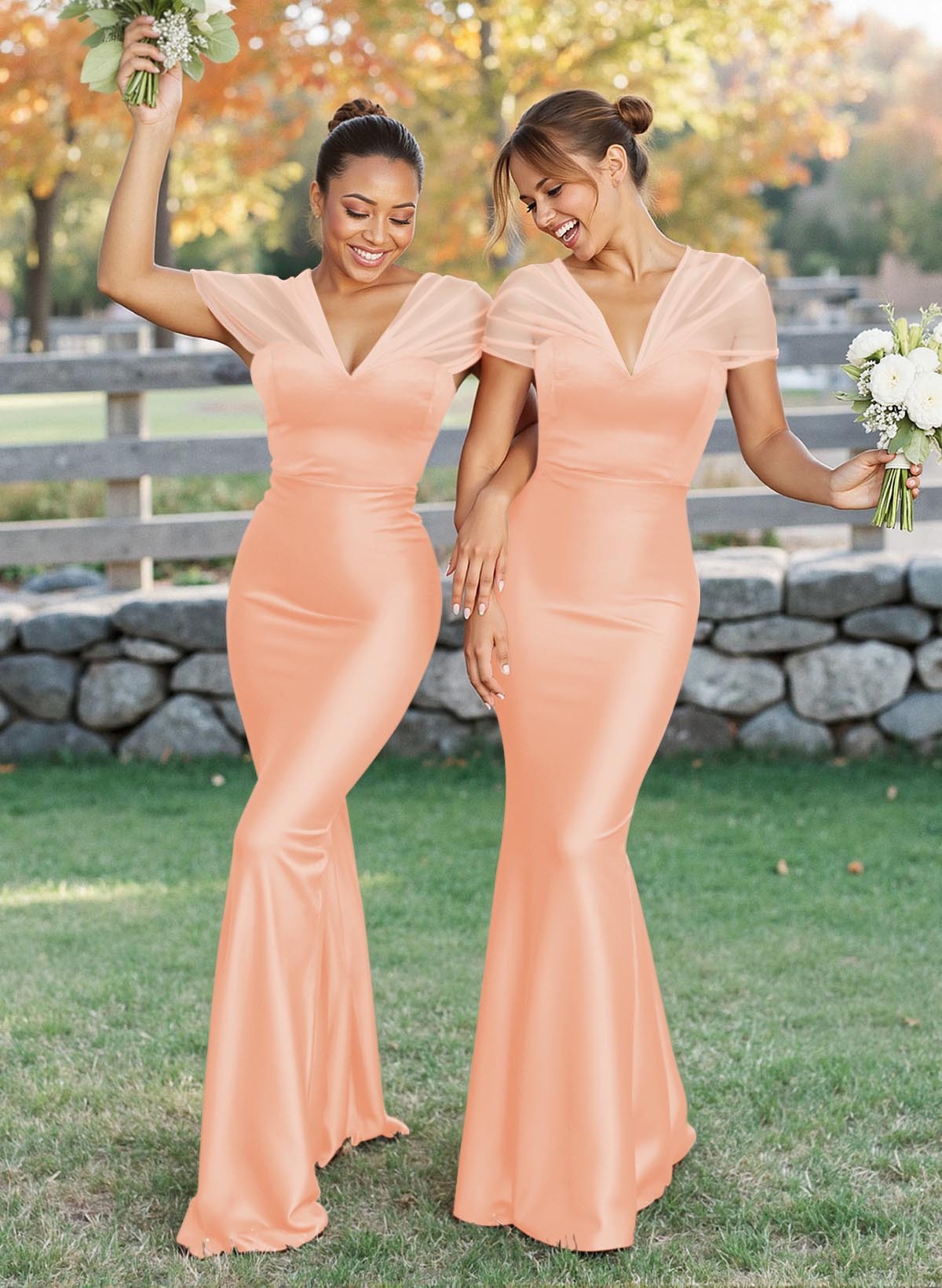 Elegant V-Neck Floor-Length Mermaid Satin/Tulle Bridesmaid Dresses, product image 82