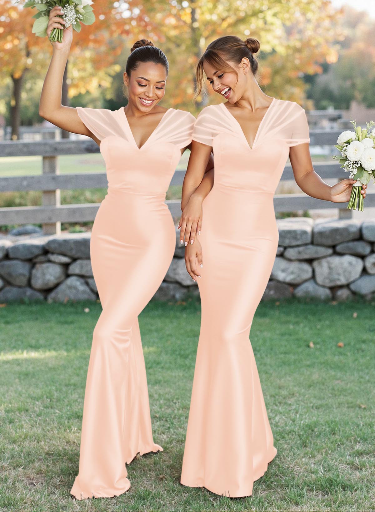 Elegant V-Neck Floor-Length Mermaid Satin/Tulle Bridesmaid Dresses, product image 130