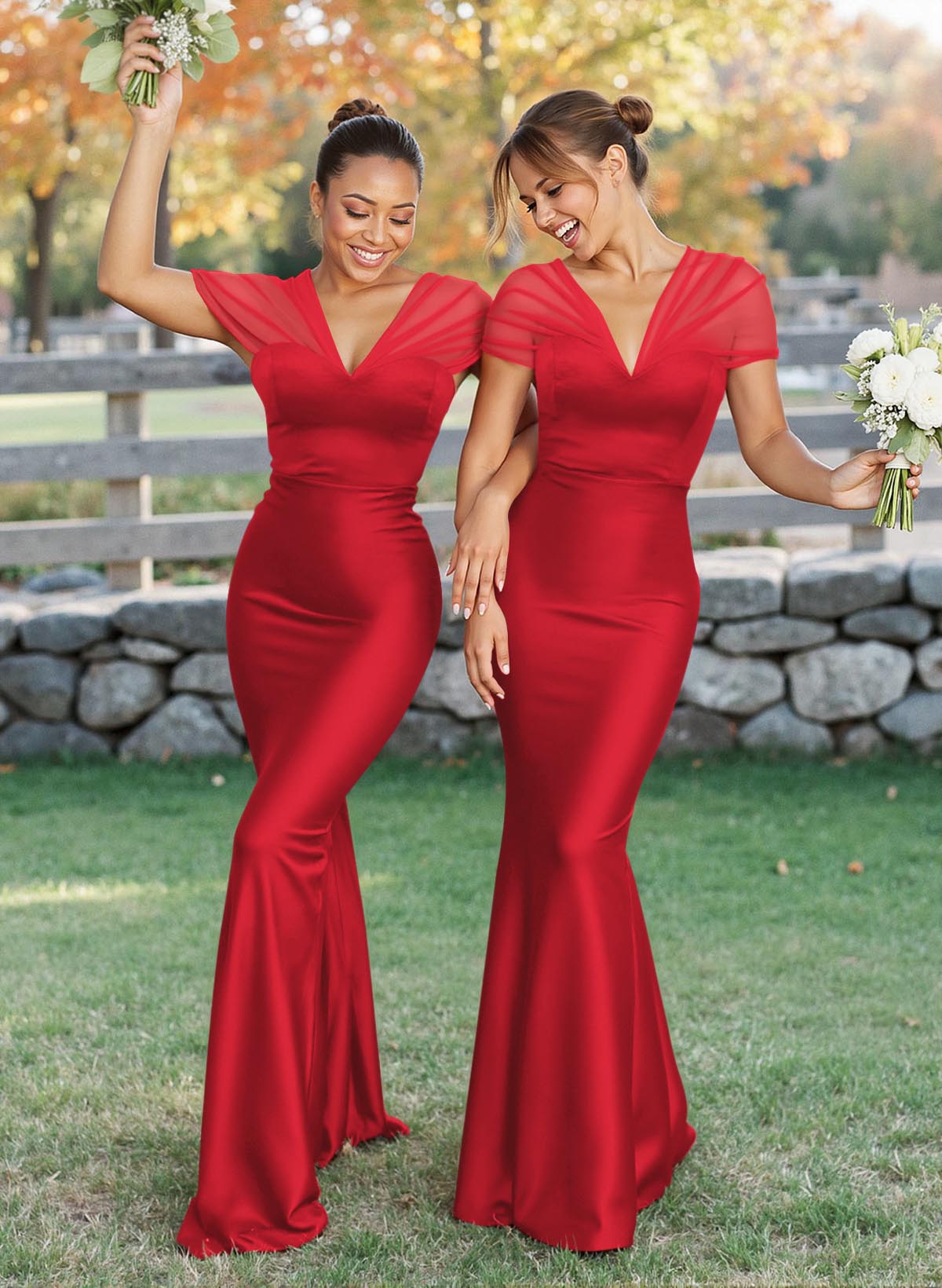 Elegant V-Neck Floor-Length Mermaid Satin/Tulle Bridesmaid Dresses, product image 88