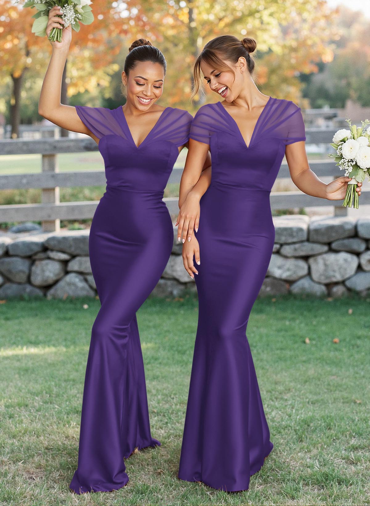 Elegant V-Neck Floor-Length Mermaid Satin/Tulle Bridesmaid Dresses, product image 91