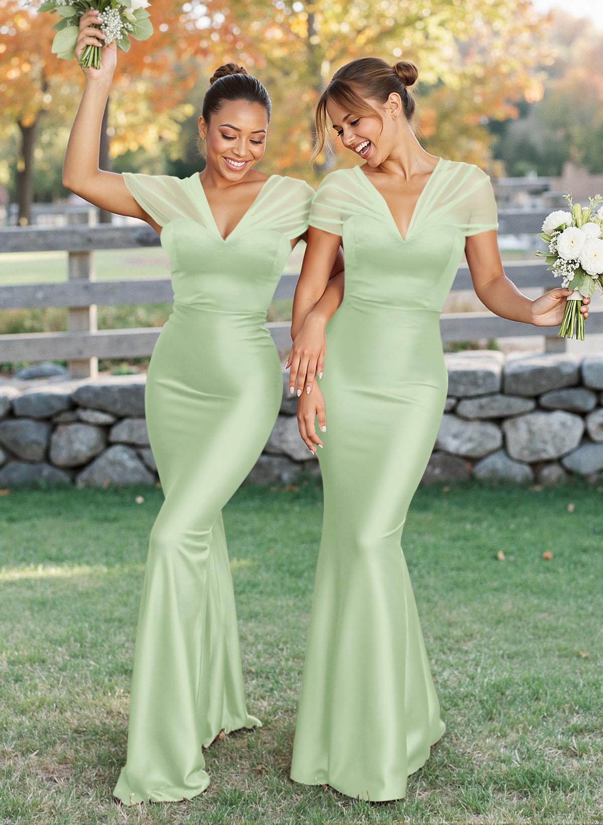Elegant V-Neck Floor-Length Mermaid Satin/Tulle Bridesmaid Dresses, product image 157