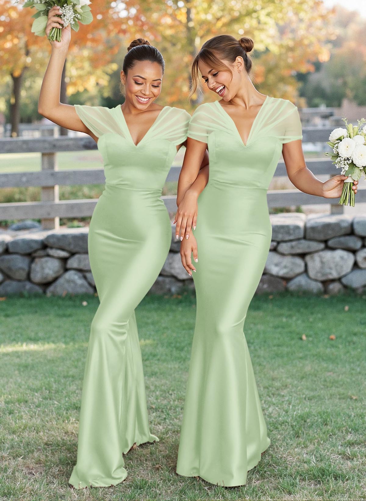 Elegant V-Neck Floor-Length Mermaid Satin/Tulle Bridesmaid Dresses, product image 157