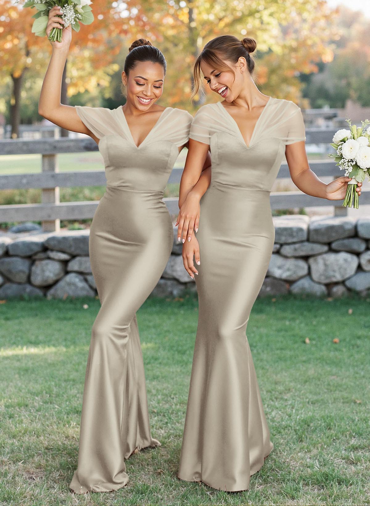 Elegant V-Neck Floor-Length Mermaid Satin/Tulle Bridesmaid Dresses, product image 100