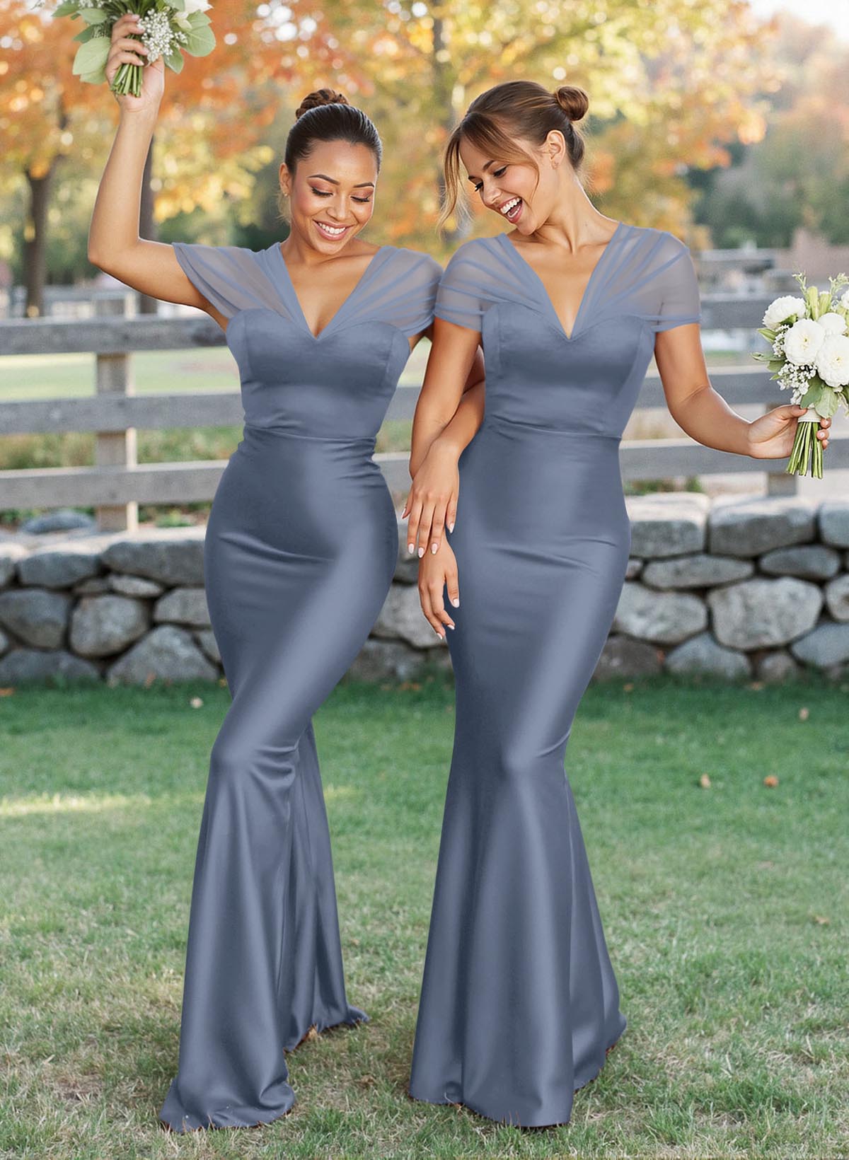 Elegant V-Neck Floor-Length Mermaid Satin/Tulle Bridesmaid Dresses, product image 127