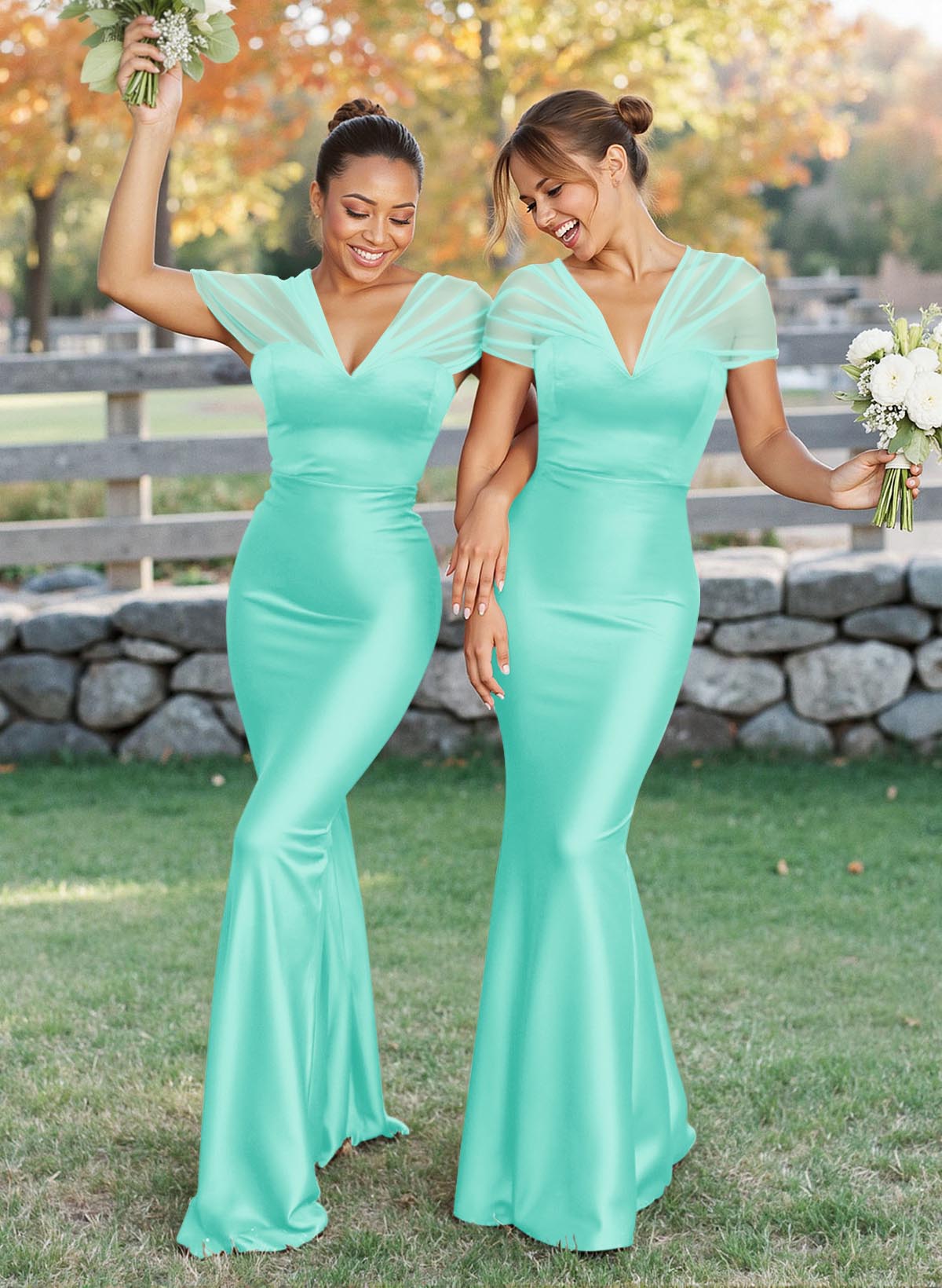 Elegant V-Neck Floor-Length Mermaid Satin/Tulle Bridesmaid Dresses, product image 163