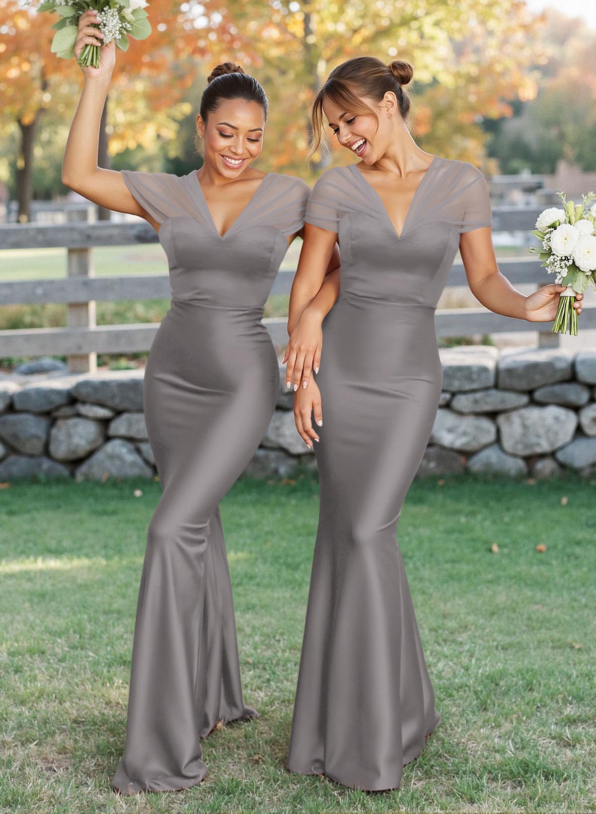 Elegant V-Neck Floor-Length Mermaid Satin/Tulle Bridesmaid Dresses, product image 106