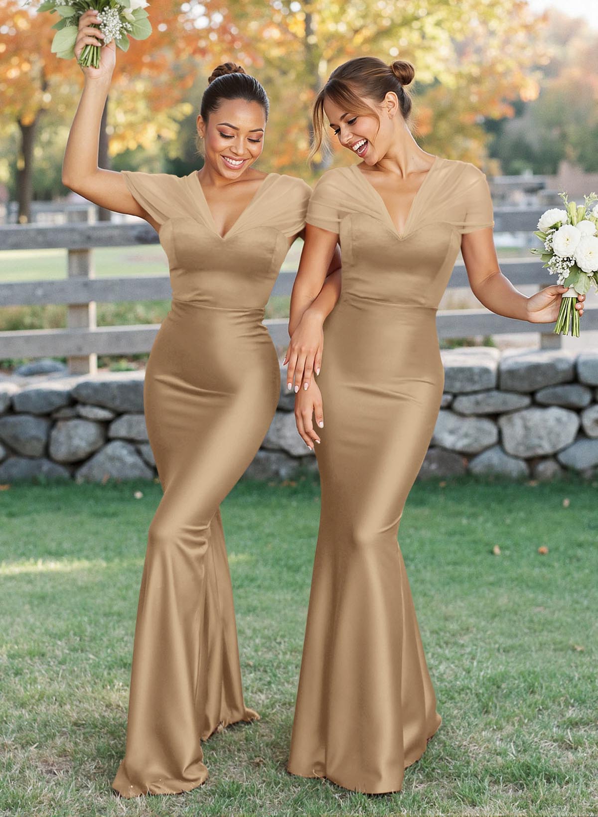 Elegant V-Neck Floor-Length Mermaid Satin/Tulle Bridesmaid Dresses, product image 109