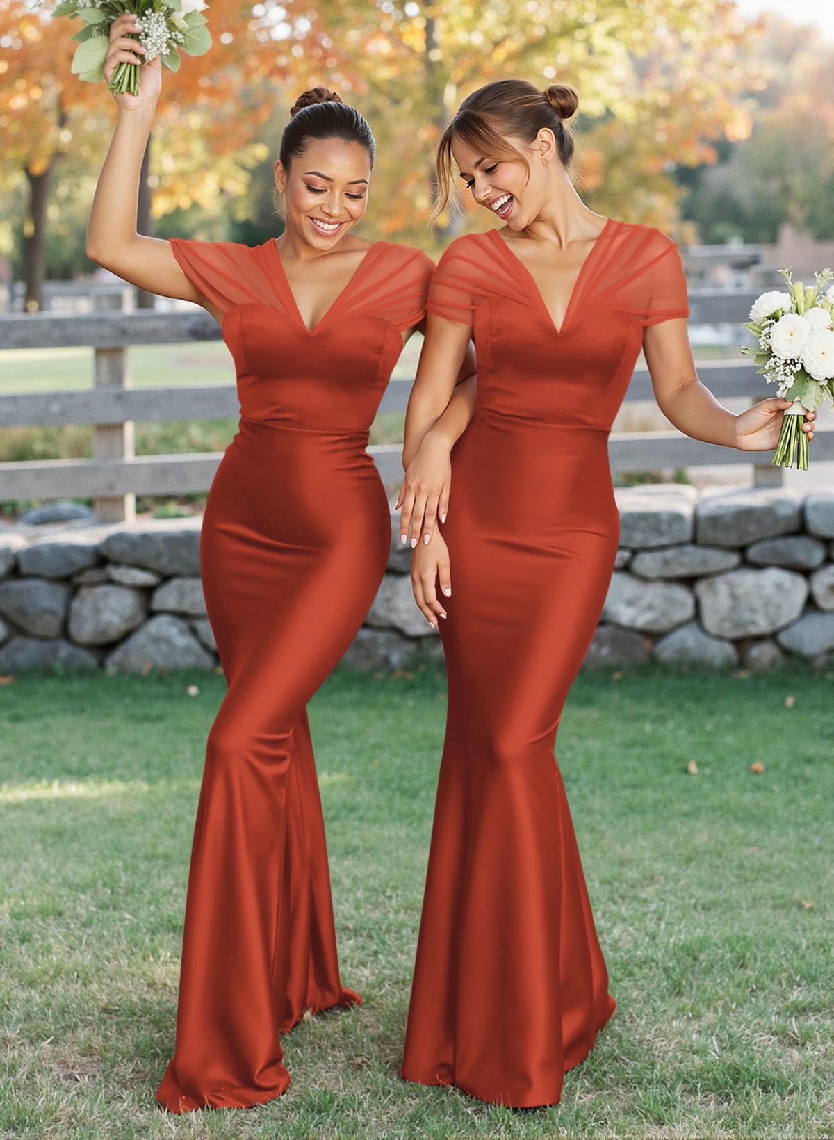 Elegant V-Neck Floor-Length Mermaid Satin/Tulle Bridesmaid Dresses, product image 178