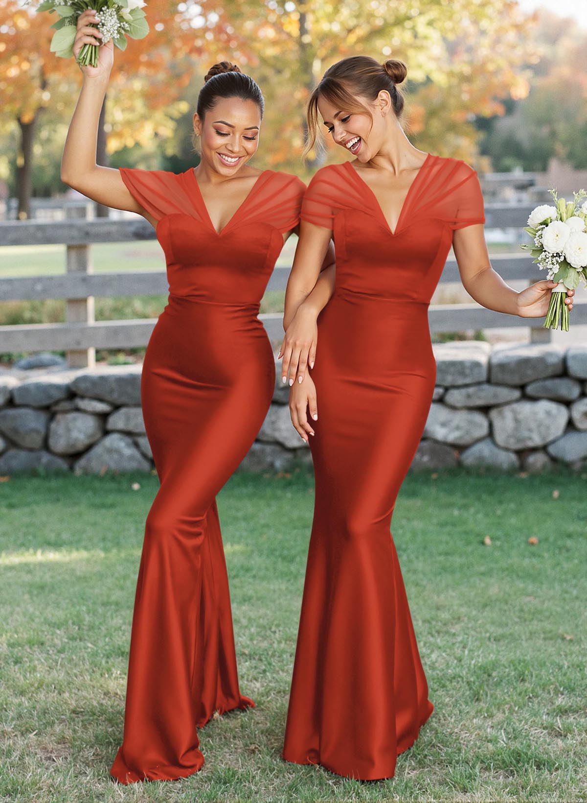 Elegant V-Neck Floor-Length Mermaid Satin/Tulle Bridesmaid Dresses, product image 142