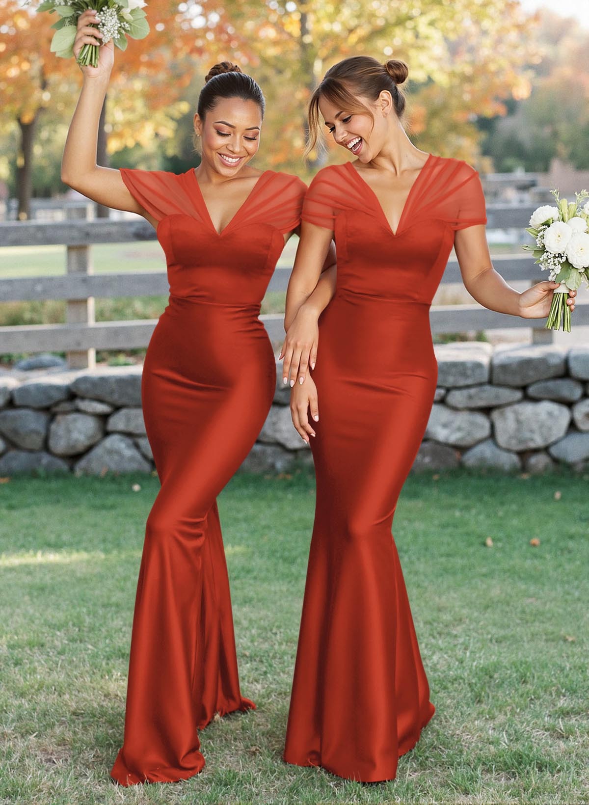 Elegant V-Neck Floor-Length Mermaid Satin/Tulle Bridesmaid Dresses, product image 142