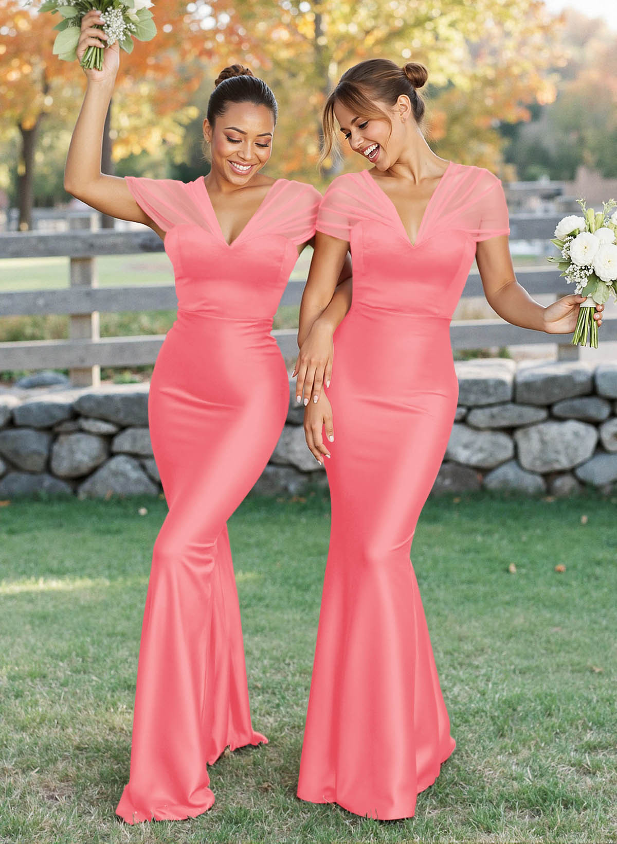 Elegant V-Neck Floor-Length Mermaid Satin/Tulle Bridesmaid Dresses, product image 112