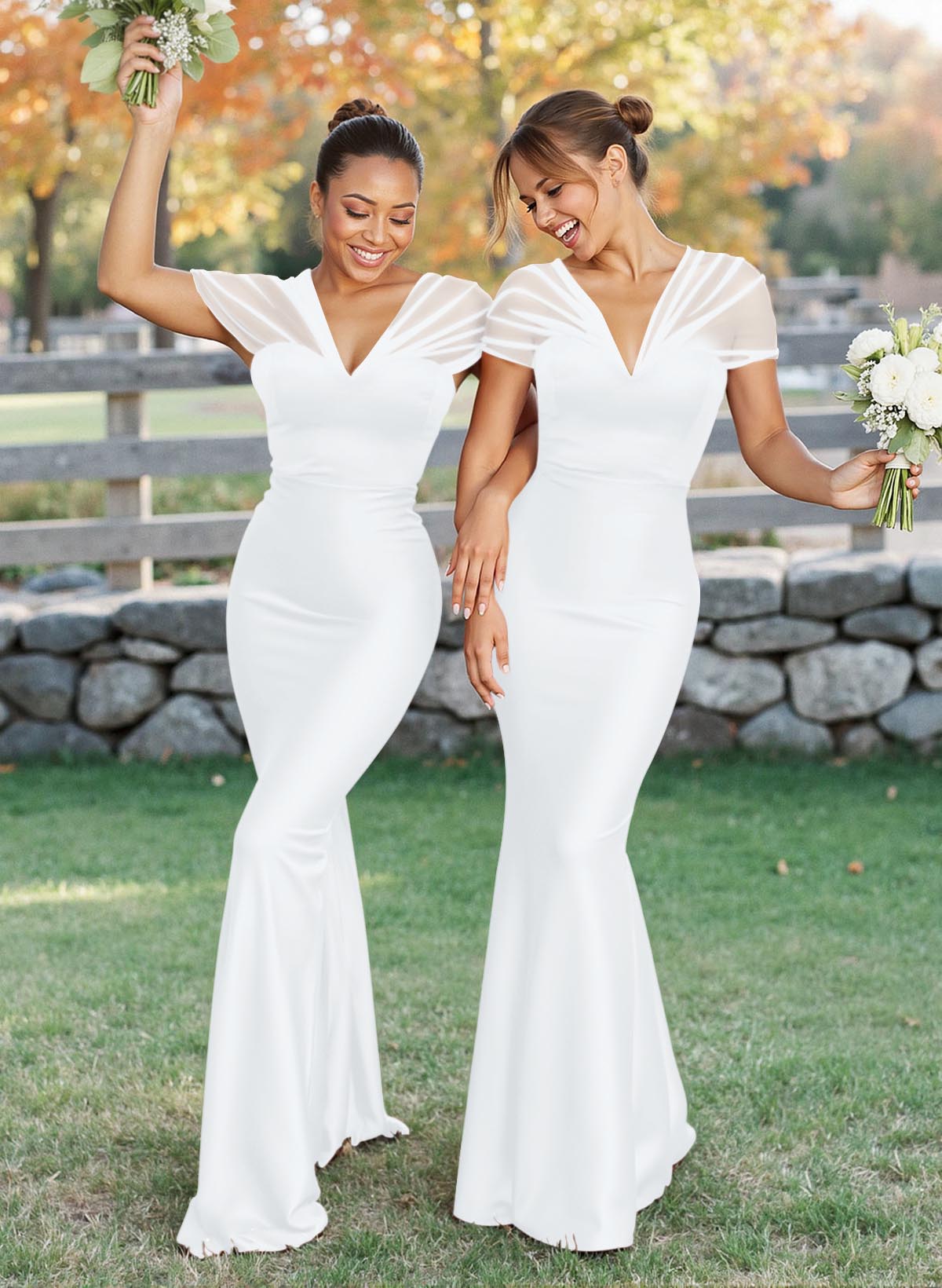 Elegant V-Neck Floor-Length Mermaid Satin/Tulle Bridesmaid Dresses, product image 115