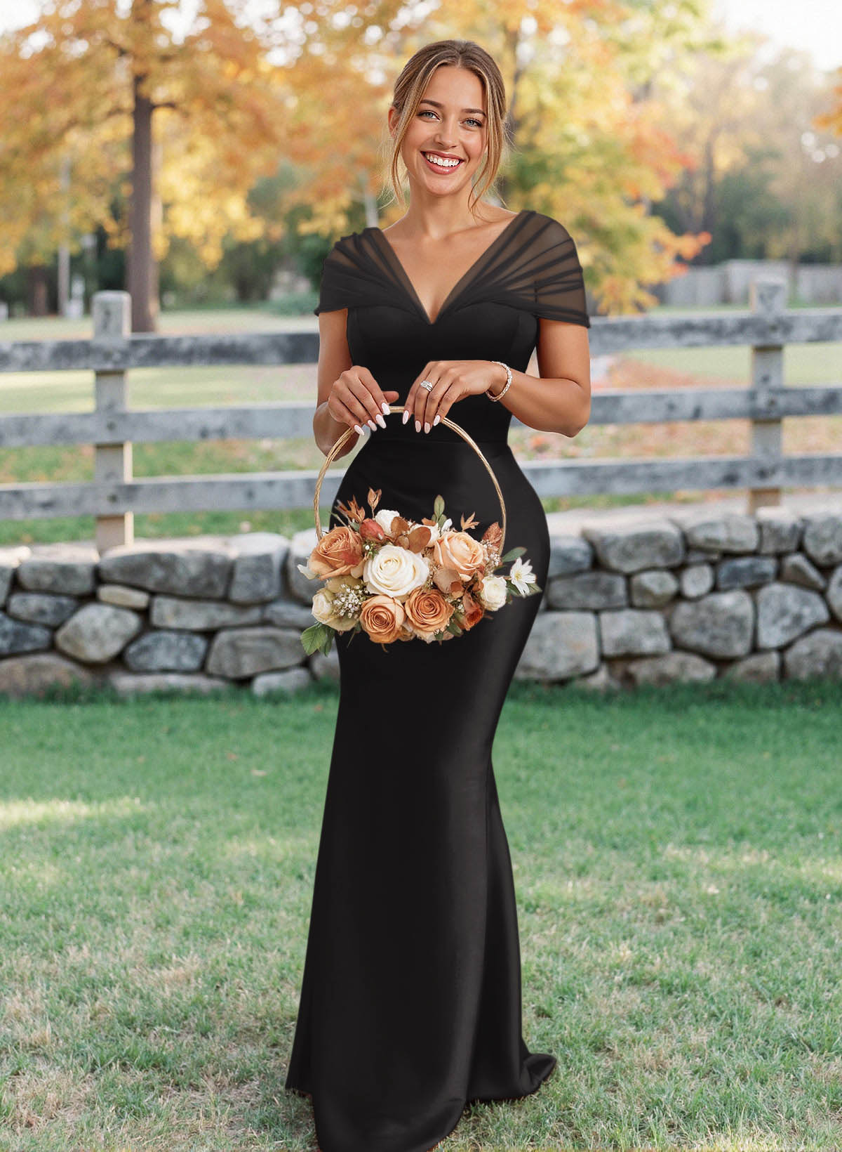 Elegant V-Neck Floor-Length Mermaid Satin/Tulle Bridesmaid Dresses, product image 5