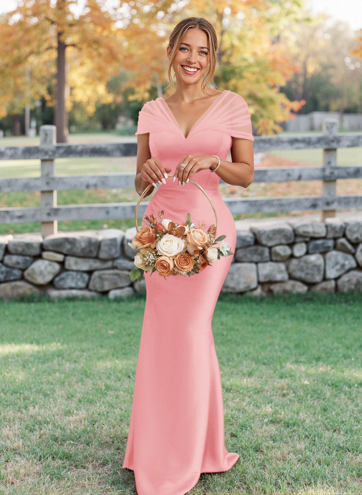 Elegant V-Neck Floor-Length Mermaid Satin/Tulle Bridesmaid Dresses, product image 8