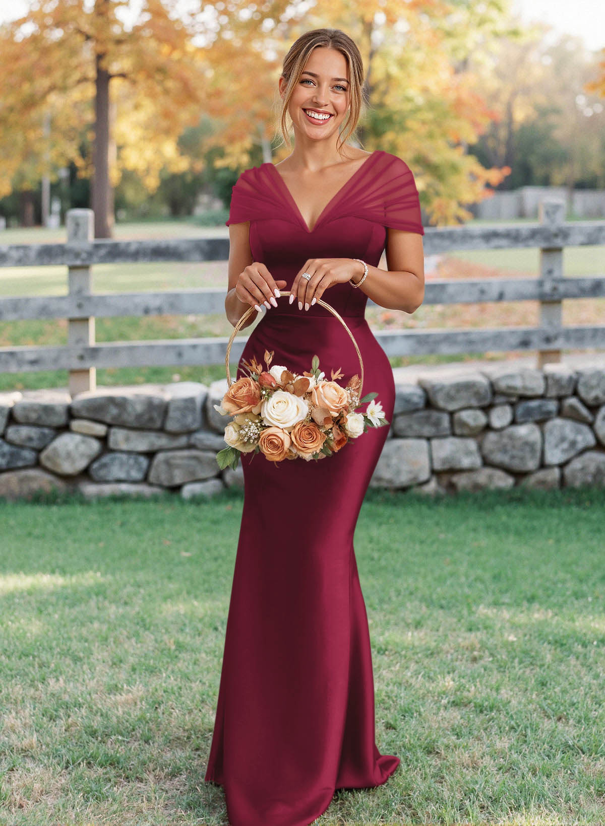 Elegant V-Neck Floor-Length Mermaid Satin/Tulle Bridesmaid Dresses, product image 14