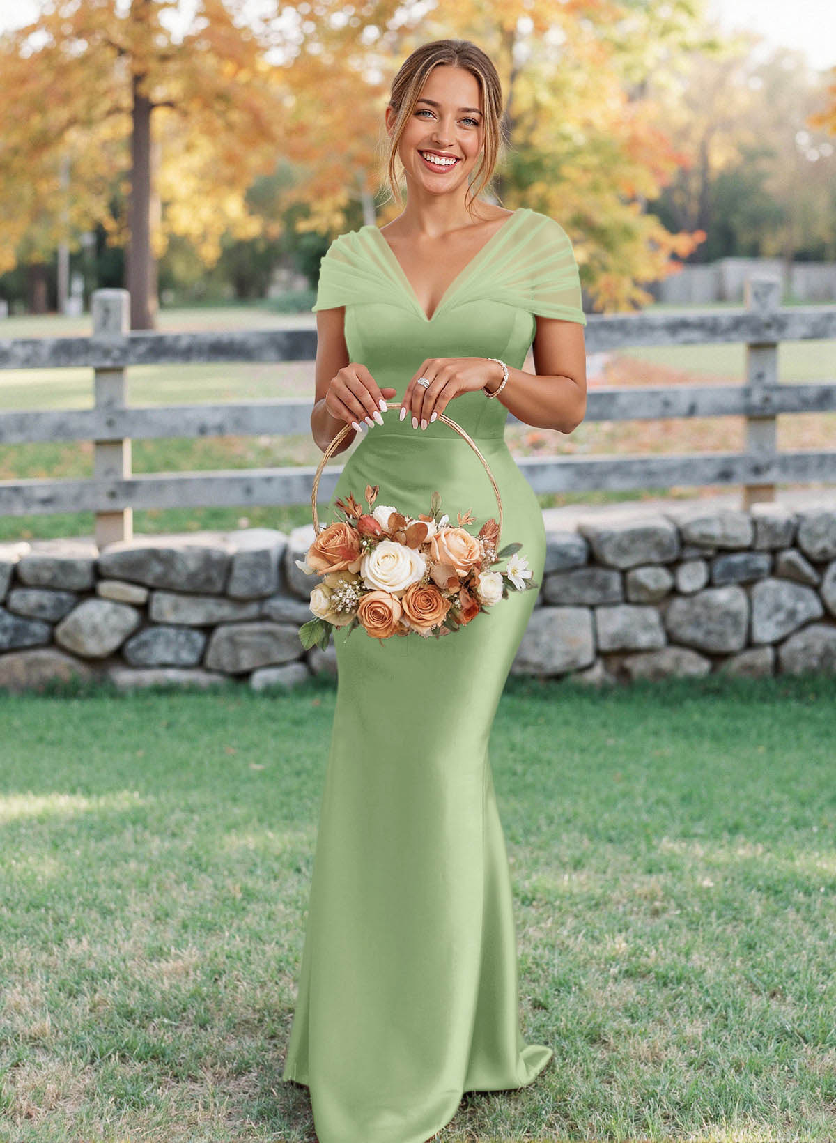 Elegant V-Neck Floor-Length Mermaid Satin/Tulle Bridesmaid Dresses, product image 20