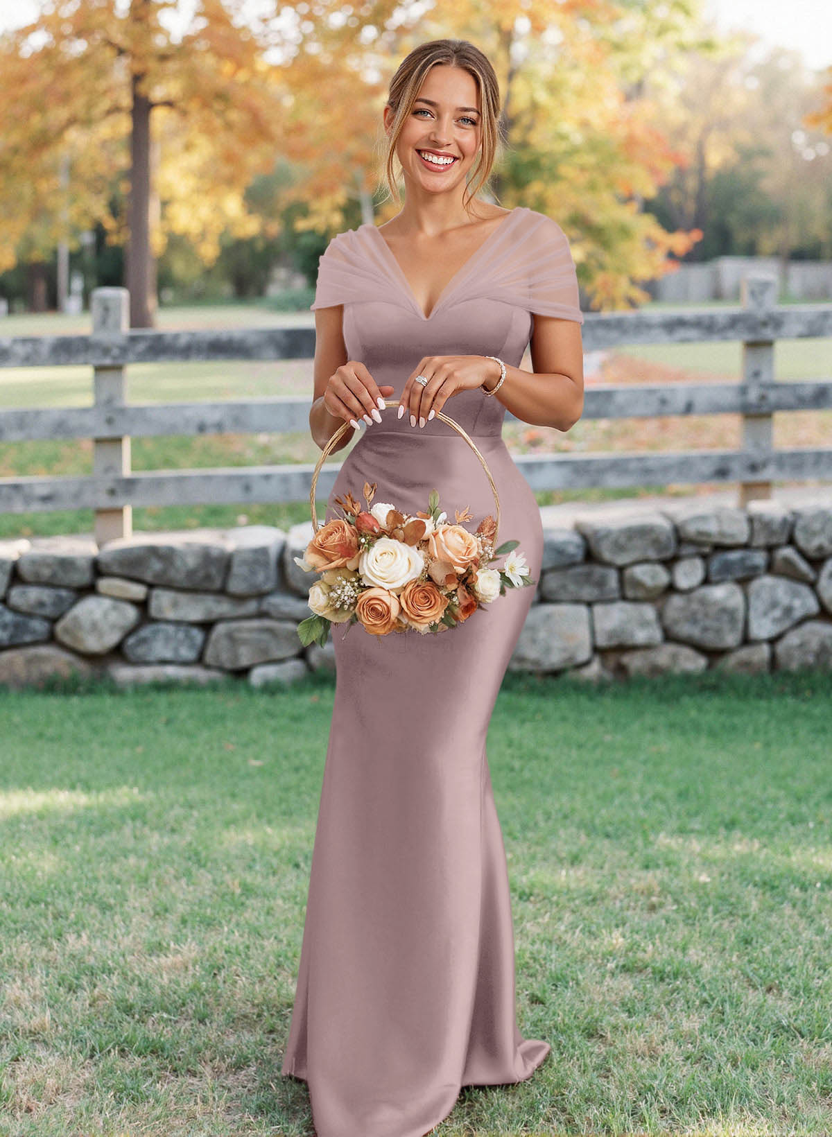 Elegant V-Neck Floor-Length Mermaid Satin/Tulle Bridesmaid Dresses, product image 38