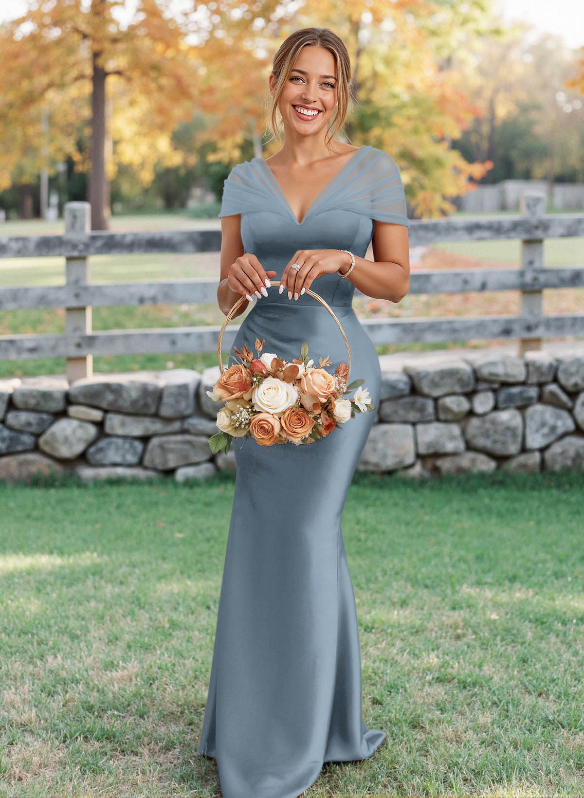 Elegant V-Neck Floor-Length Mermaid Satin/Tulle Bridesmaid Dresses, product image 41