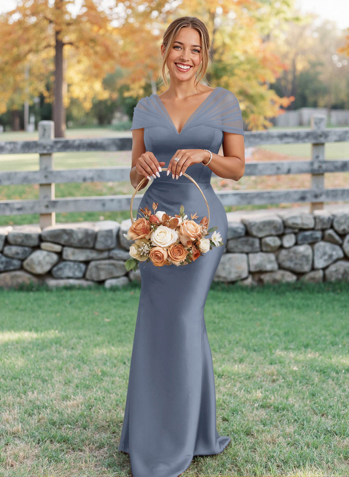 Elegant V-Neck Floor-Length Mermaid Satin/Tulle Bridesmaid Dresses, product image 128