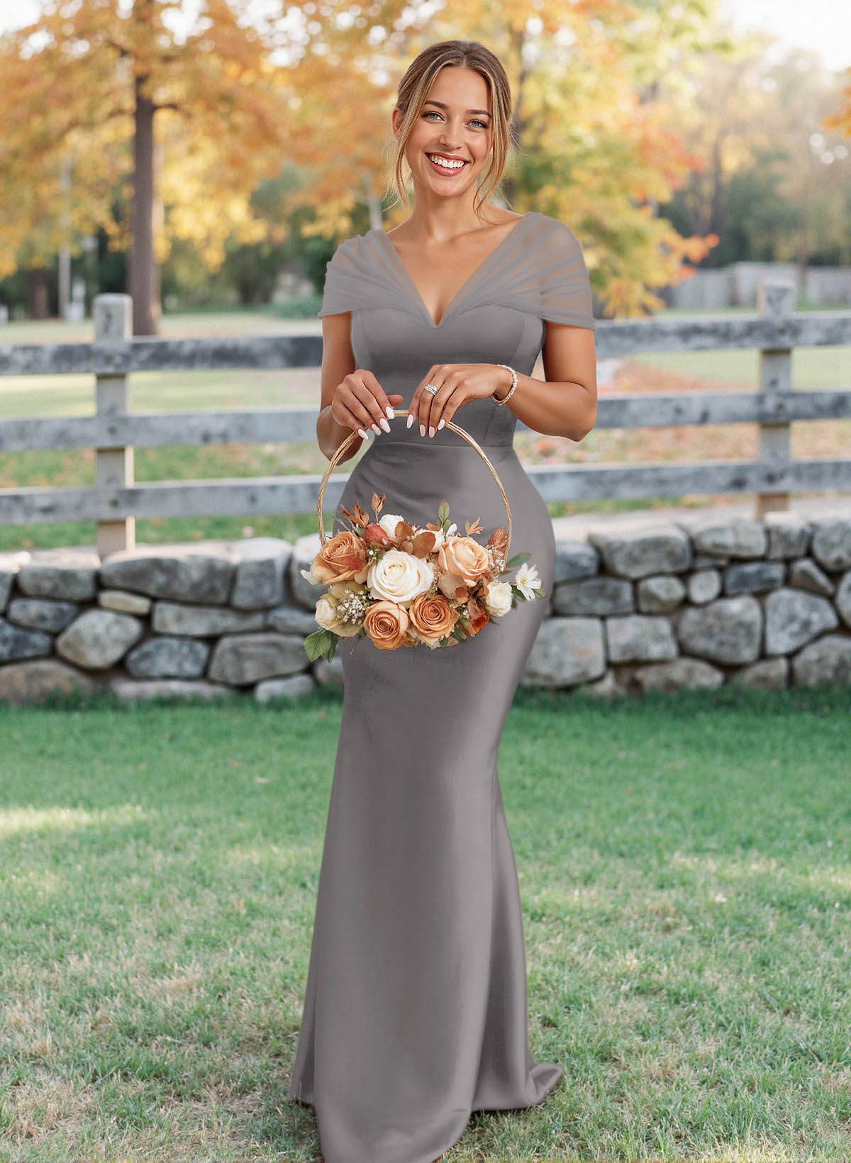 Elegant V-Neck Floor-Length Mermaid Satin/Tulle Bridesmaid Dresses, product image 107