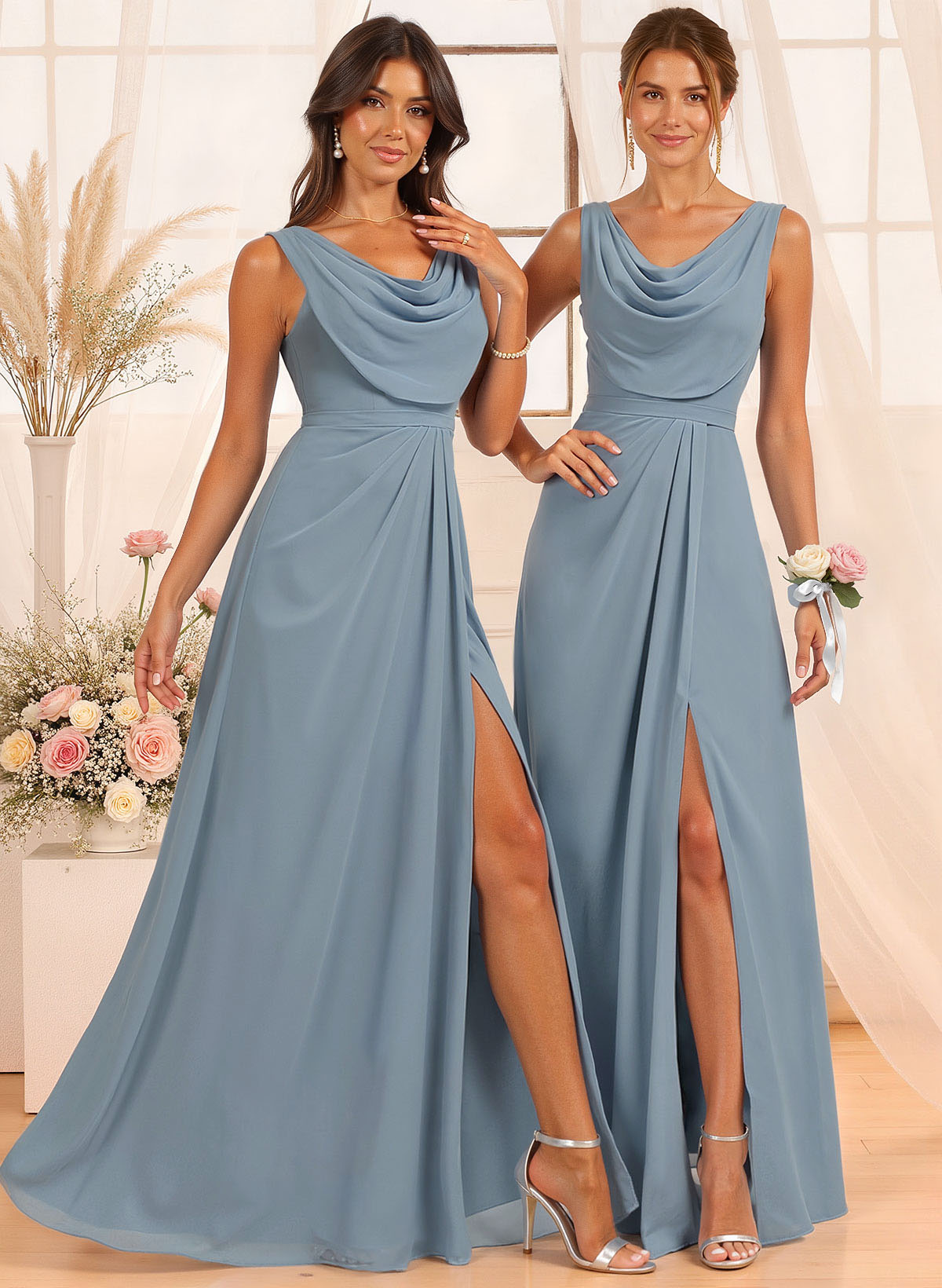 A-Line Cowl Neck Floor-Length Chiffon Bridesmaid Dresses With Split Front
