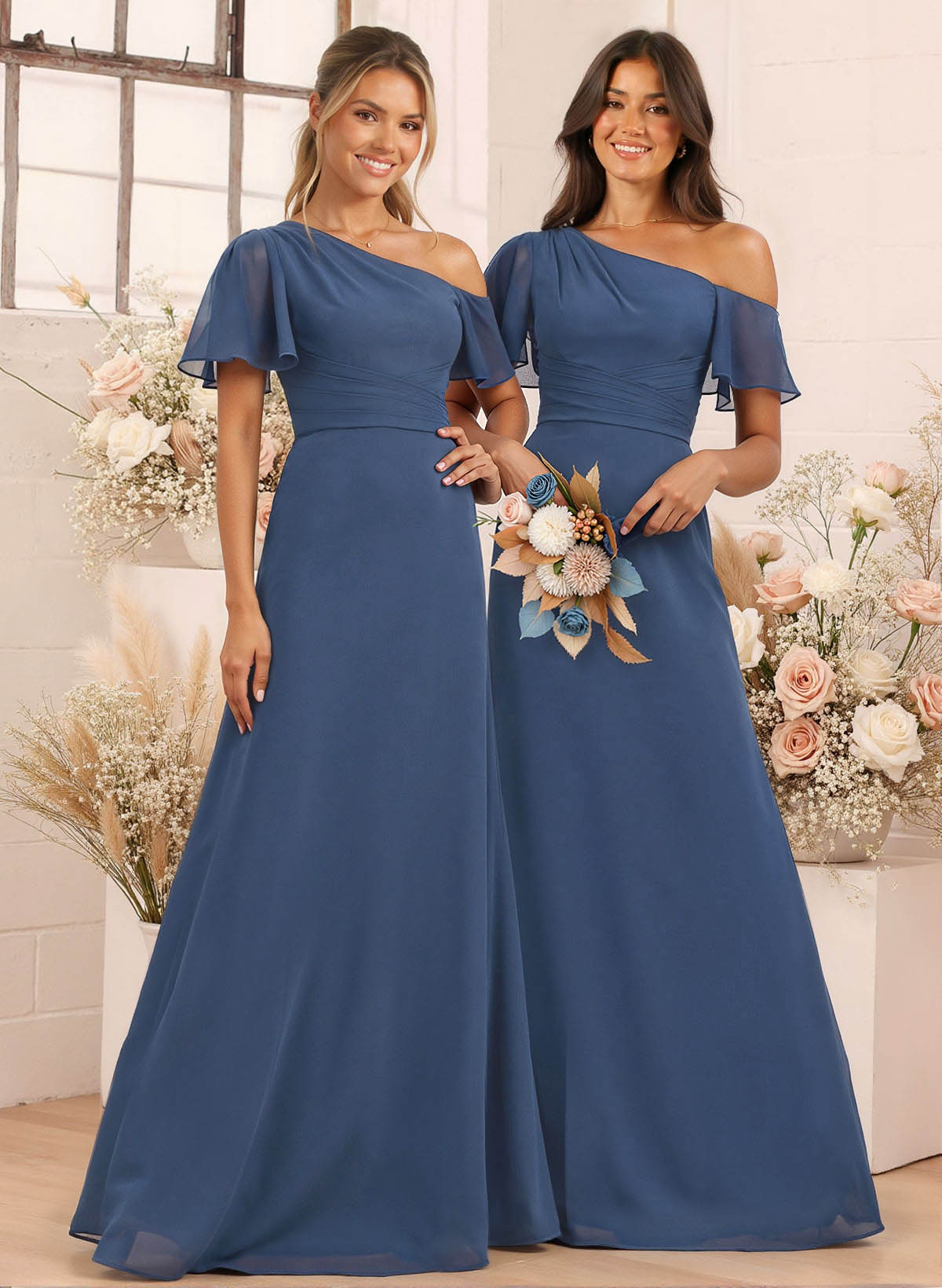 A-Line One-Shoulder Short Sleeves Floor-Length Chiffon Bridesmaid Dresses, product image 1
