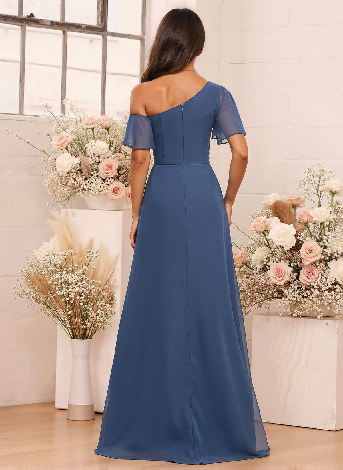 A-Line One-Shoulder Short Sleeves Floor-Length Chiffon Bridesmaid Dresses, product image 2