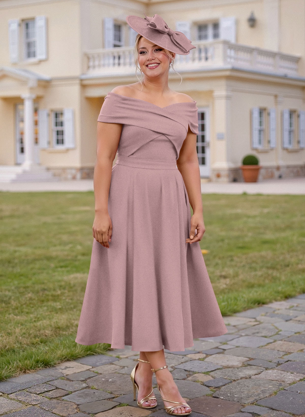 Off-The-Shoulder Tea-Length A-Line Mother Of The Bride Dresses