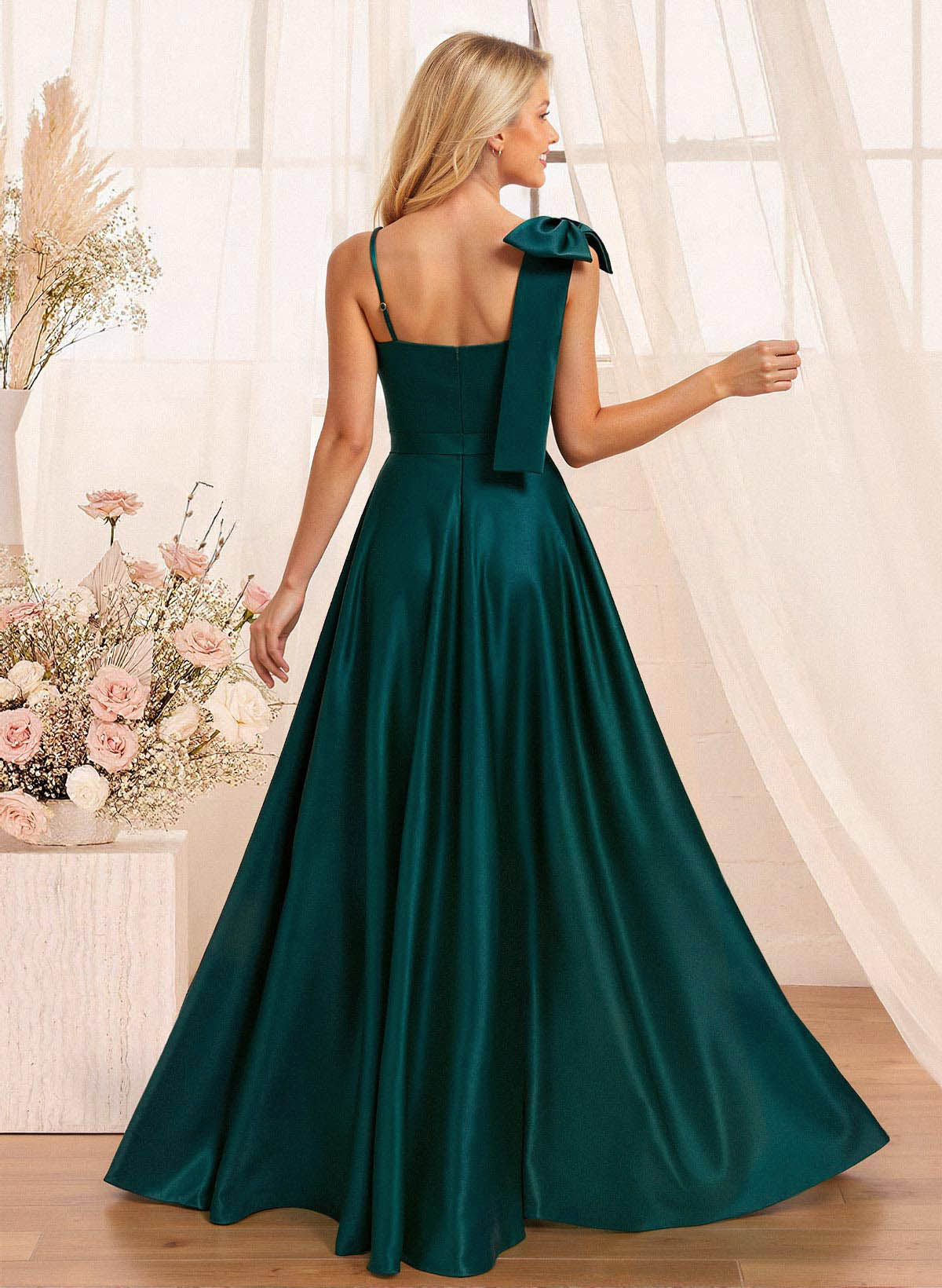 A-Line Sweetheart Floor-Length Satin Bridesmaid Dresses With Bow(s)/High Split, product image 2