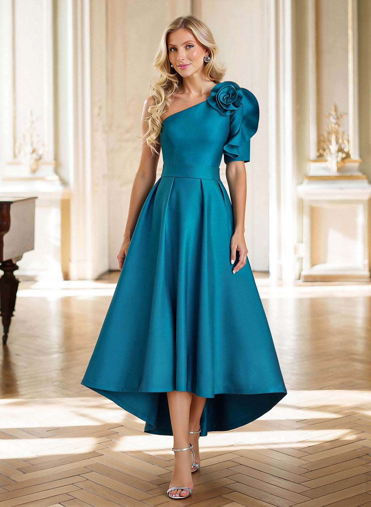 A-Line One-Shoulder Tea-Length Satin Evening Dresses With Flower(s) in Teal, US2
