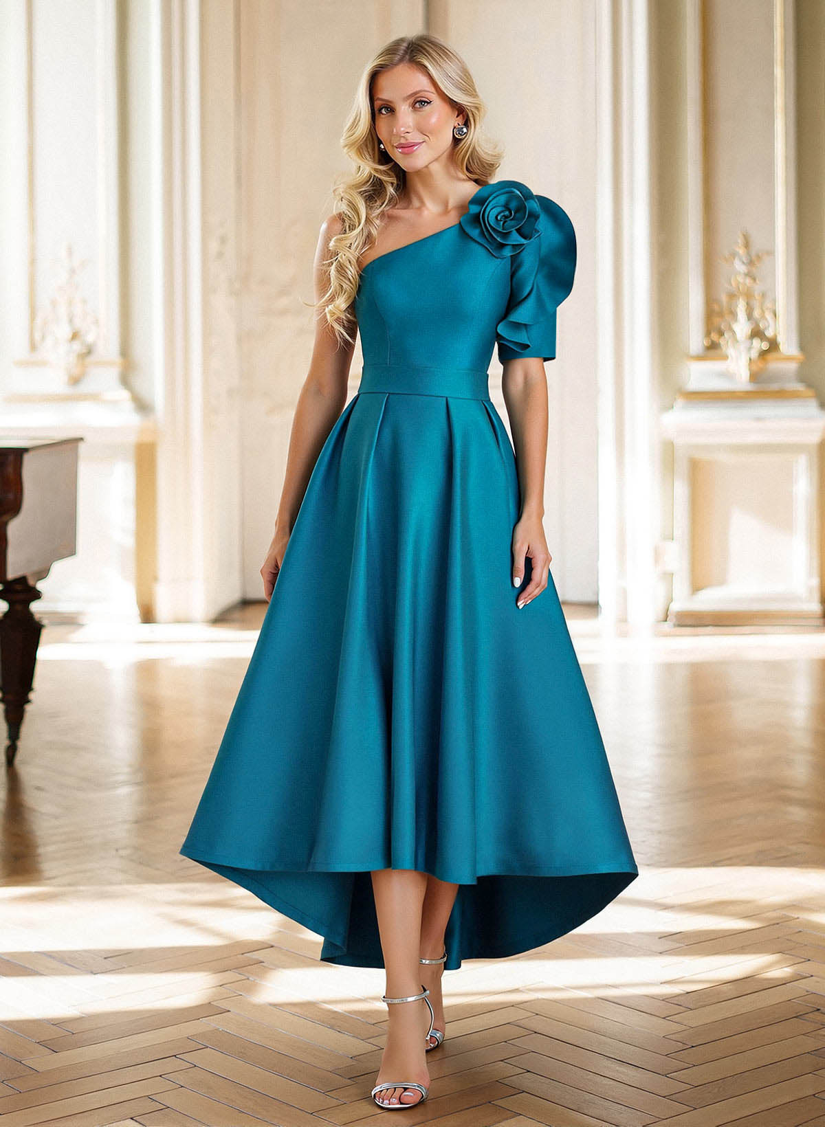 A-Line One-Shoulder Tea-Length Satin Evening Dresses With Flower(s) in Teal, US2