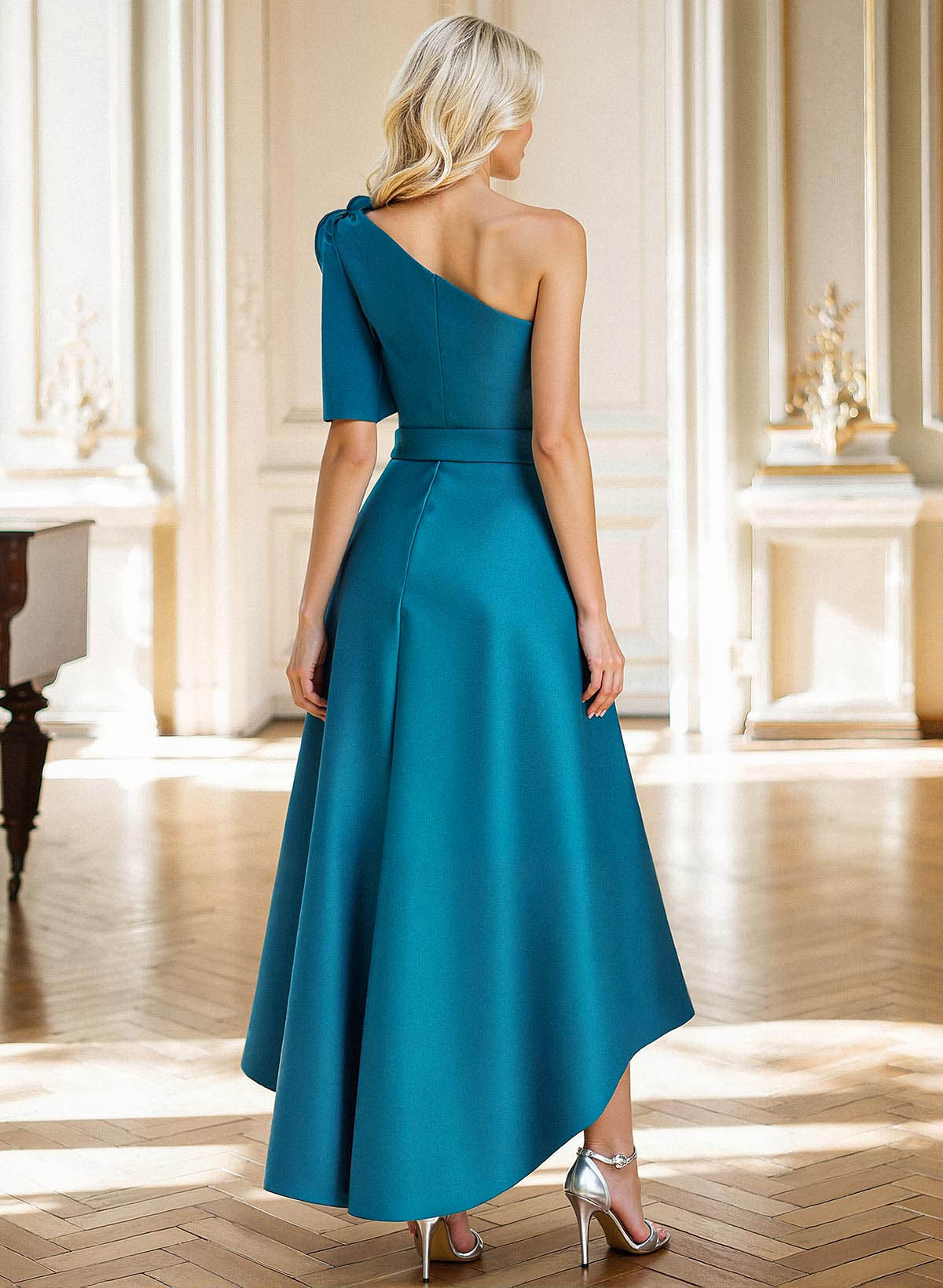 A-Line One-Shoulder Tea-Length Satin Evening Dresses With Flower(s), supplier image 2