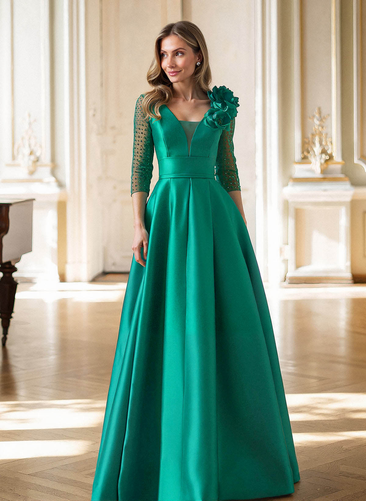 Elegant V-Neck 3/4 Sleeves A-Line Floor-Length Satin Mother Of The Bride Dresses With Flower(s)