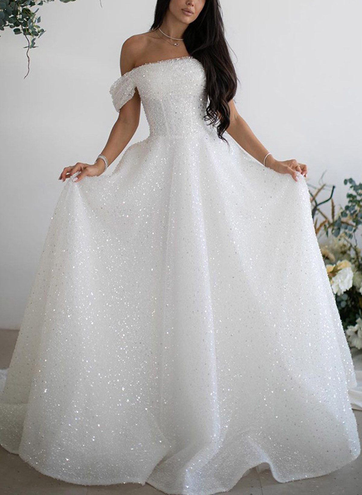 Sparkle & Shine Off-The-Shoulder Sleeveless A-Line Sweep Train Sequined Wedding Dresses
