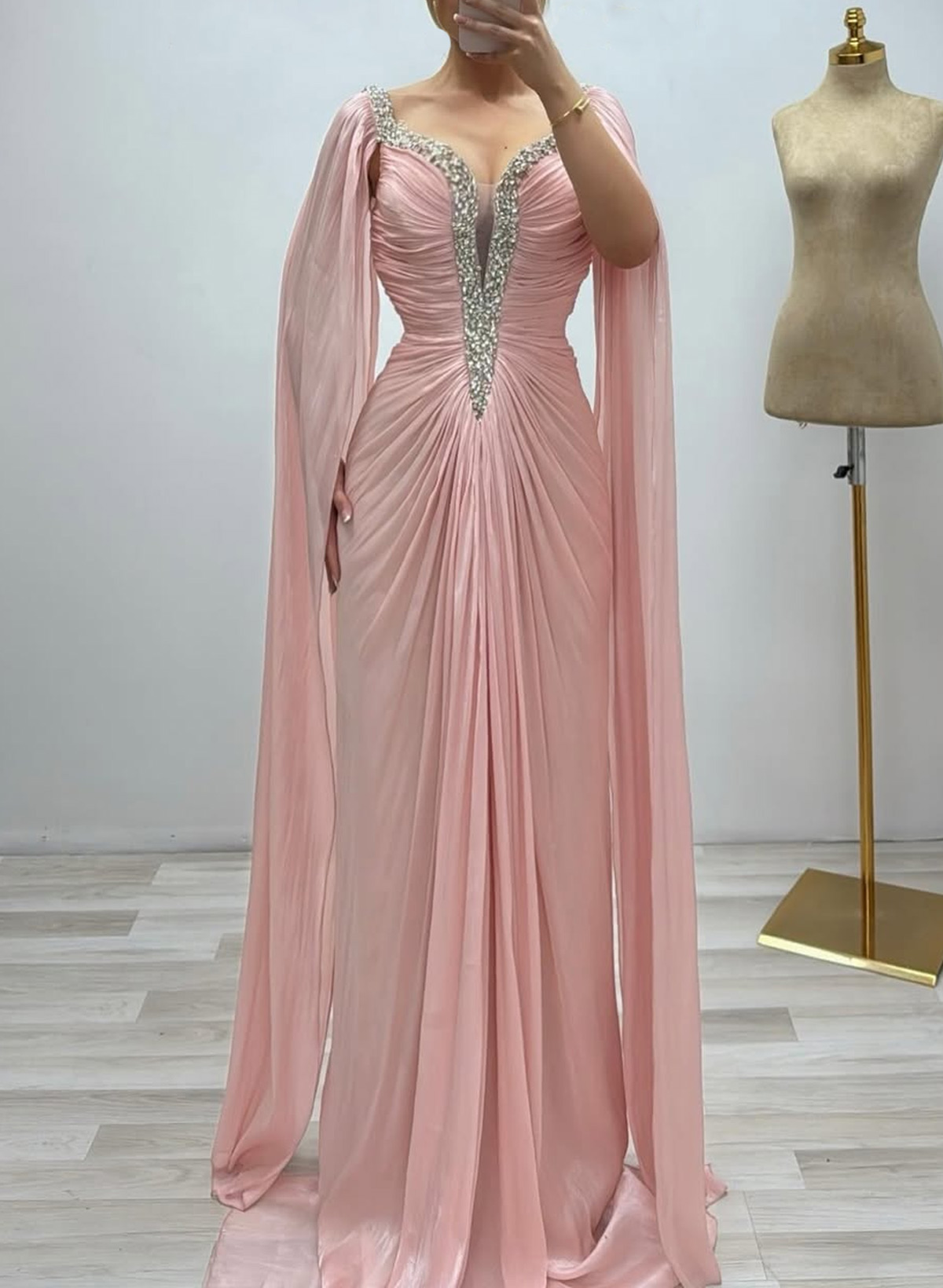 Elegant V-Neck Cape Sleeves Sweep Train Chiffon Evening Dresses With Pleated/Rhinestone in As Picture, US2