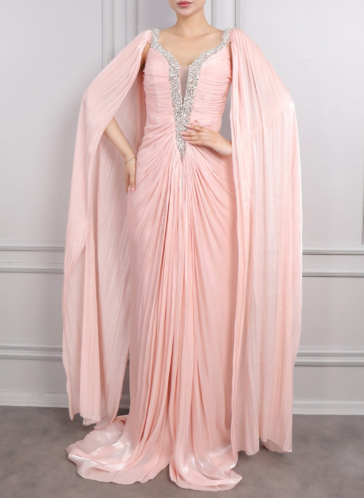 Elegant V-Neck Cape Sleeves Sweep Train Chiffon Evening Dresses With Pleated/Rhinestone, supplier image 2