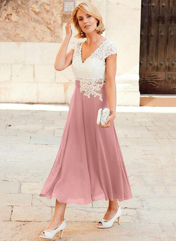 A-Line V-Neck Tea-Length Chiffon Mother Of The Bride Dresses With Appliques Lace