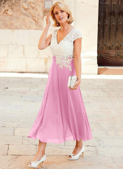A-Line V-Neck Tea-Length Chiffon Mother Of The Bride Dresses With Appliques Lace