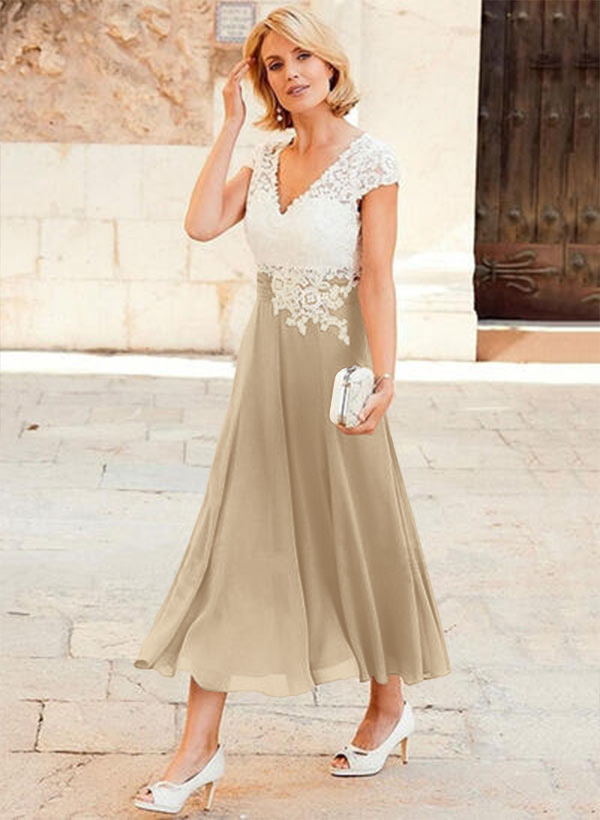 A-Line V-Neck Tea-Length Chiffon Mother Of The Bride Dresses With Appliques Lace