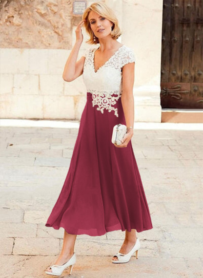 A-Line V-Neck Tea-Length Chiffon Mother Of The Bride Dresses With Appliques Lace