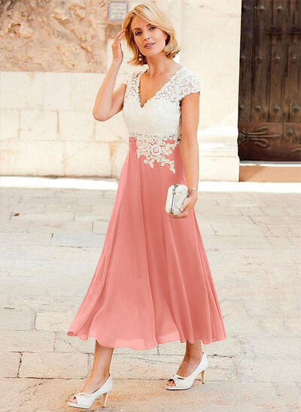 A-Line V-Neck Tea-Length Chiffon Mother Of The Bride Dresses With Appliques Lace