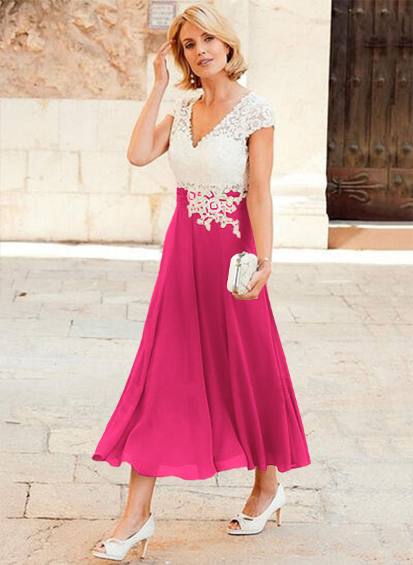 A-Line V-Neck Tea-Length Chiffon Mother Of The Bride Dresses With Appliques Lace