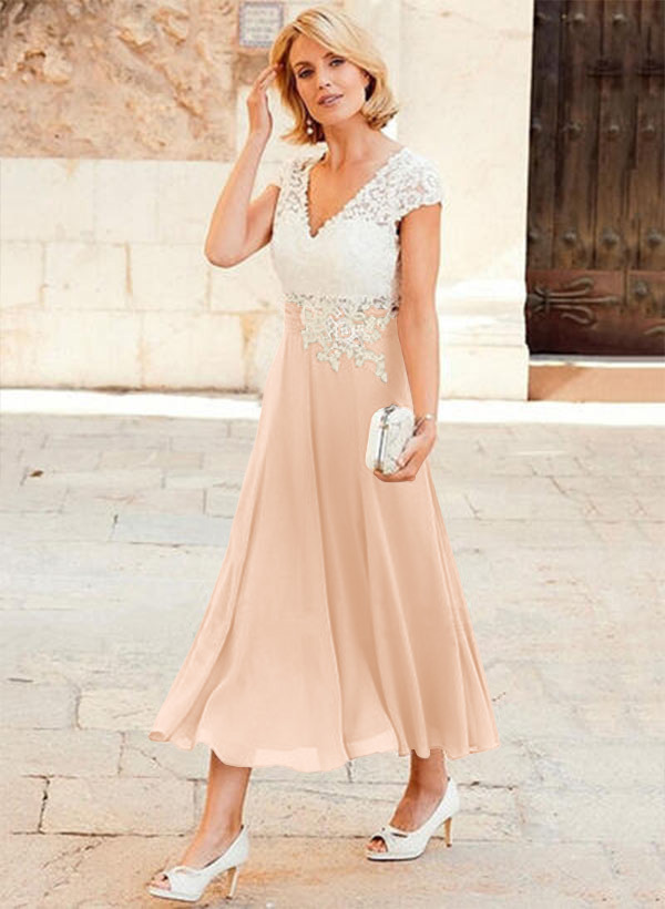 A-Line V-Neck Tea-Length Chiffon Mother Of The Bride Dresses With Appliques Lace