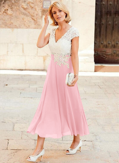 A-Line V-Neck Tea-Length Chiffon Mother Of The Bride Dresses With Appliques Lace
